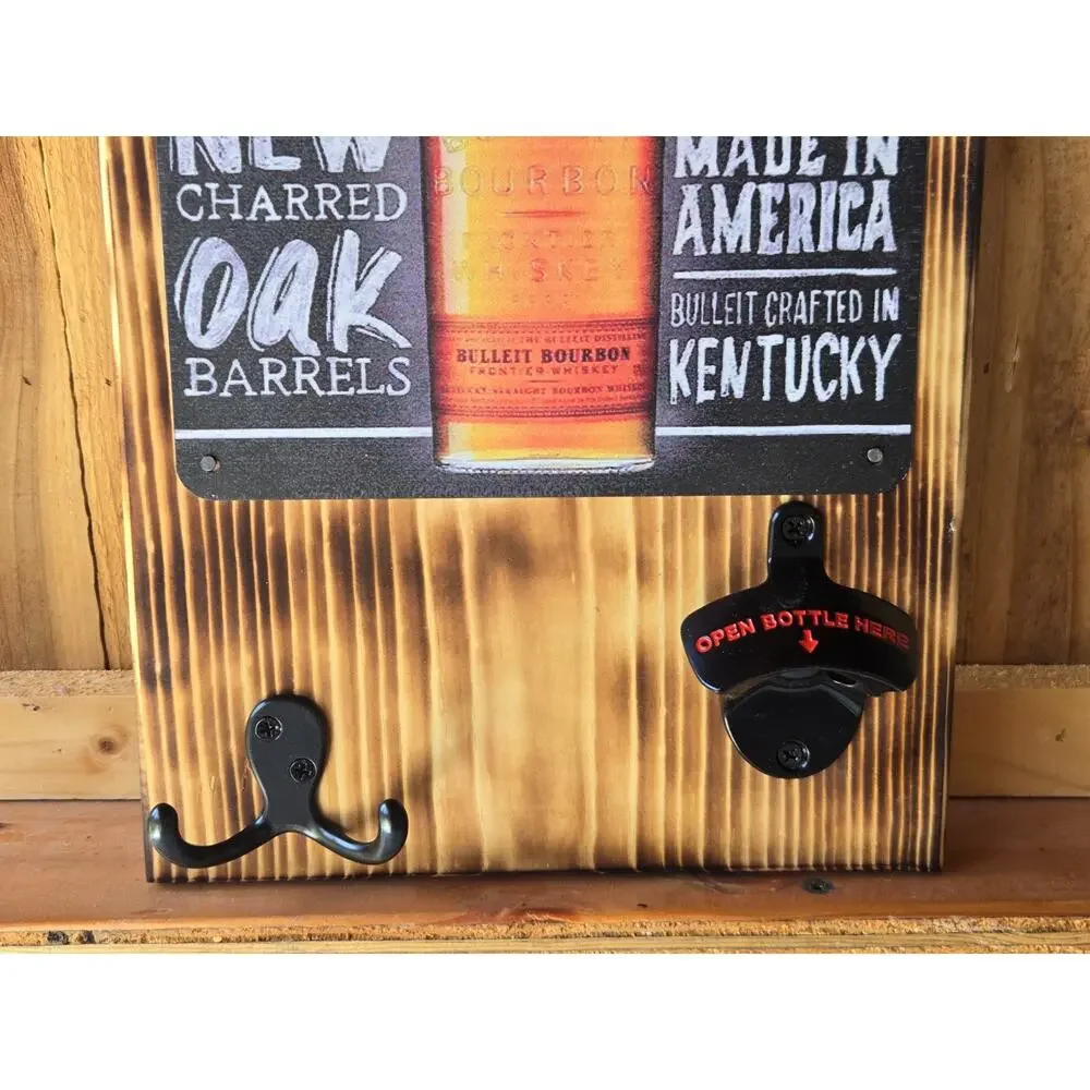 Bourbon Whiskey Sign Mounted on Solid Wood, w/ Hook & Bottle Opener Handmade